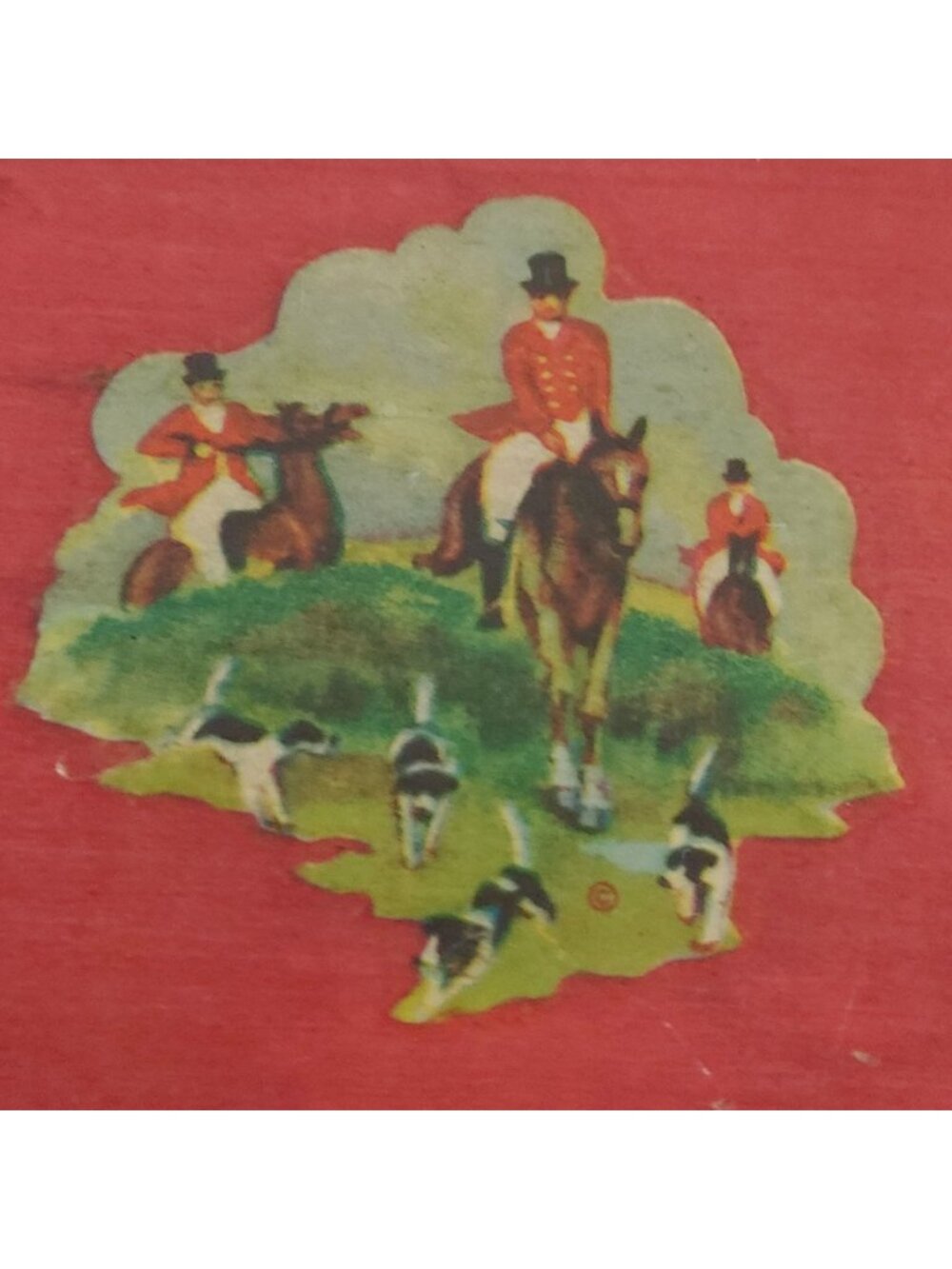 Vintage Red Wooden Box Hunt Scene Decal Floral Interior Keepsake Jewelry Storage